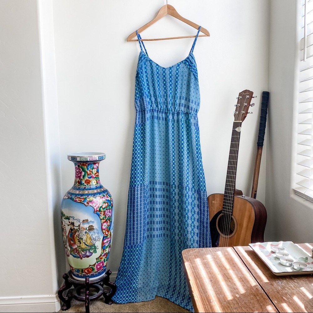 Boho Maxi Dress Ana Sz L Blue Print EUC